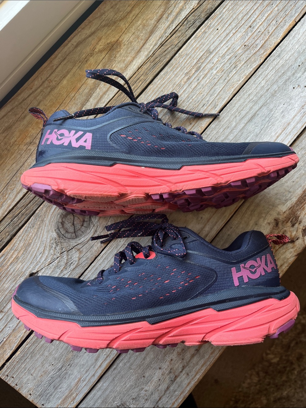 Hoka Women's Trail Runners in Navy and Coral Pink